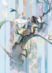 Rule 34 | 1girl, absurdres, arm up, bird, blue hair, branch, character request, chinese commentary, commentary request, closed eyes, facing away, floating hair, flower, from behind, han yijie, hand up, highres, hikimayu, japanese clothes, kimono, long hair, obi, onmyoji, orange flower, pink flower, sash, scroll, short eyebrows, sitting, solo, thick eyebrows, thighhighs, white flower, white kimono, white thighhighs, wide sleeves