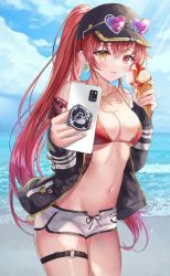 Rule 34 | 1girl, :p, anchor print, arme (cgsy7484), badge, bare shoulders, baseball cap, beach, bikini, bikini under clothes, black jacket, cellphone, crossed bangs, earrings, eyewear on head, food, gold trim, groin, hair ribbon, hat, heart, heart earrings, highres, holding, holding food, holding phone, hololive, houshou marine, houshou marine (summer), ice cream, ice cream cone, jacket, jewelry, long hair, midriff, navel, necklace, o-ring, o-ring thigh strap, off shoulder, open clothes, open jacket, phone, ponytail, red bikini, red eyes, red hair, ribbon, selfie, short shorts, shorts, sky, smartphone, solo, striped clothes, striped jacket, sunglasses, swimsuit, thigh strap, thighs, tongue, tongue out, virtual youtuber, waves, yellow eyes, zipper