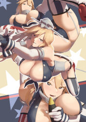Rule 34 | + +, 1girl, absurdres, ass, asymmetrical legwear, blonde hair, blue eyes, breasts, butt crack, elbow gloves, flag print, front-tie top, garter straps, gloves, headgear, highres, huge breasts, iowa (kancolle), kantai collection, long hair, mismatched legwear, rudder footwear, sexually suggestive, smile, symbol-shaped pupils, ye fan