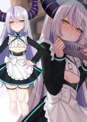 Rule 34 | 1girl, :3, absurdres, apron, blush, braid, breasts, grey hair, hand on own hip, highres, hololive, horns, la+ darknesss, long hair, looking at viewer, multicolored hair, pointy ears, purple hair, sherryqq, small breasts, smile, thighhighs, two-tone hair, very long hair, virtual youtuber, white thighhighs