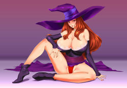 Rule 34 | 1girl, arm support, bare shoulders, blush, breasts, bursting breasts, cleavage, curvy, detached sleeves, dragon&#039;s crown, dress, female focus, full body, gradient background, hat, huge breasts, leg up, long hair, nail polish, panties, pantyshot, red eyes, red hair, sitting, skirt, solo, sonota taisei, sorceress (dragon&#039;s crown), strapless, strapless dress, underwear, vanillaware, witch, witch hat