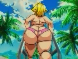 Rule 34 | 1girl, ass, ass cutout, ass focus, back, backboob, bikini, bikini bottom only, blonde hair, borrowed design, breasts, butt crack, clothing cutout, crown, derivative work, dimples of venus, earrings, from behind, heart cutout, huge ass, jewelry, knee pits, large breasts, lueduar, mario (series), medium hair, nintendo, outdoors, palm tree, pink bikini, plump, ponytail, pool ladder, princess peach, shoulder blades, solo, super mario sunshine, swimsuit, thick thighs, thighs, topless, tree, wet