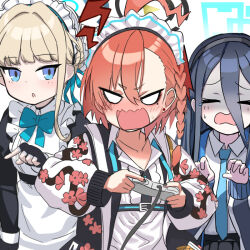 Rule 34 | &gt; &lt;, 3girls, absurdly long hair, ahoge, apron, aris (blue archive), black hair, blue archive, blue eyes, braid, bun cover, collared shirt, controller, earrings, game controller, hair between eyes, hairband, halo, holding, holding controller, holding game controller, jacket, jewelry, light brown hair, long hair, long sleeves, looking at viewer, maid, maid apron, maid headdress, multiple girls, necktie, neru (blue archive), o (rakkasei), open clothes, open jacket, open mouth, parted bangs, playing games, red hair, school uniform, shirt, sidelocks, simple background, single braid, sukajan, sweatdrop, tears, toki (blue archive), v-shaped eyes, very long hair, wavy mouth, white background
