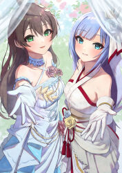 Rule 34 | 2girls, absurdres, ahoge, bare shoulders, blue eyes, blue hair, blush, breasts, bride, brown hair, commentary request, dress, earrings, floral background, flower, gloves, green eyes, hair down, hair flower, hair ornament, halterneck, highres, idolmaster, idolmaster million live!, idolmaster million live! theater days, jewelry, kaiso (kaisooekaki), light blue hair, long hair, looking at viewer, low-tied long hair, medium breasts, multiple girls, official alternate costume, official alternate hairstyle, outstretched arms, parted lips, reaching, reaching towards viewer, sakuramori kaori, shiraishi tsumugi, smile, very long hair, wedding, wedding dress, white dress, white gloves, wife and wife