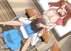 Rule 34 | 00s, 2girls, asahina mikuru, blouse, blush, breasts, breasts out, classroom, closed eyes, clothes lift, collar, cunnilingus, desk, dutch angle, female focus, hand on another&#039;s head, hand on breast, hand on own chest, headpat, implied cunnilingus, indoors, kneeling, large breasts, long hair, maid, multiple girls, nipples, on desk, open clothes, open mouth, open shirt, oral, role reversal, school, school uniform, shirt, short hair, sitting, skirt, skirt lift, spread legs, standing, standing cunnilingus, suzumiya haruhi, suzumiya haruhi no yuuutsu, uniform, yuri
