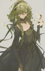 Rule 34 | 1girl, absurdres, braid, chinese commentary, choker, commentary, dress, falling petals, flower, from above, genzaw, green choker, green dress, green eyes, green hair, green theme, grey background, highres, holding, holding flower, original, petals, simple background, solo, twin braids, white flower