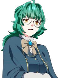 Rule 34 | 1girl, beige ribbon, blue shirt, emily watsken, glasses, green hair, long hair, multiple ahoge, open mouth, shirt, solo, the beginning after the end, transparent background, very long hair, white shirt, yellow eyes