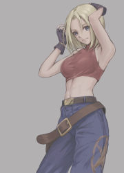 Rule 34 | 1girl, absurdres, belt, blonde hair, blue eyes, blue mary, breasts, fatal fury, fingerless gloves, gloves, grey background, highres, large breasts, looking at viewer, midriff, simple background, snk, the king of fighters