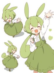 Rule 34 | absurdres, animal ears, arm up, clenched hand, closed eyes, collared shirt, commentary request, dot nose, double-parted bangs, dress, feet out of frame, frilled dress, frills, from above, from behind, full body, green dress, green footwear, green hair, heart, highres, light blush, long hair, long sleeves, looking at viewer, low ponytail, multiple views, open mouth, puffy sleeves, running, shirt, simple background, smile, socks, standing, stretched limb, voiceroid, voicevox, white background, white shirt, white socks, zundamon, zunmut