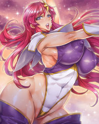 Rule 34 | 1girl, alternate breast size, breasts, cameltoe, cleft of venus, covered erect nipples, cowboy shot, curvy, female focus, gloves, gundam, gundam seed, gundam seed destiny, hair ornament, highleg, highleg leotard, highres, huge breasts, leotard, long hair, looking at viewer, meer campbell, momofuki rio, multicolored leotard, nipples, open mouth, partially visible vulva, pink hair, purple eyes, purple skirt, pussy, pussy peek, shiny skin, skindentation, skirt, smile, solo, star (sky), star (symbol), star hair ornament, thick thighs, thighs, thong leotard, white gloves, white leotard, wide hips