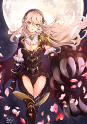 Rule 34 | 1girl, armor, atoatto, black armor, black hairband, breasts, cape, cleavage, corrin (female) (fire emblem), corrin (female) (nohr noble) (fire emblem), corrin (fire emblem), fire emblem, fire emblem fates, hairband, leotard, long hair, moon, nintendo, parted lips, petals, pointy ears, red eyes, solo, thighs, torn cape, torn clothes, white hair