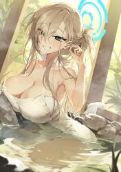 Rule 34 | 1girl, asuna (blue archive), blonde hair, blue archive, blue eyes, breast press, breasts, cleavage, grin, huge breasts, looking at viewer, metaume, onsen, ponytail, smile, solo, towel