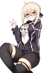 Rule 34 | 1girl, ahoge, artoria pendragon (fate), bike shorts, black-framed eyewear, black hair, black jacket, black ribbon, black shorts, black thighhighs, blonde hair, braid, breasts, closed mouth, clothes writing, commentary request, fate (series), french braid, glasses, hair between eyes, hair ribbon, haruyuki (yukichasoba), jacket, looking at viewer, medium breasts, mysterious heroine x alter (fate), mysterious heroine x alter (second ascension) (fate), open clothes, open jacket, ribbon, semi-rimless eyewear, shirt, shorts, simple background, sitting, solo, thighhighs, under-rim eyewear, v, white background, white shirt, yellow eyes