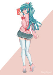 Rule 34 | 1girl, artist name, back, blue eyes, blue hair, bow, full body, hair bow, hatsune miku, highres, holding, holding phone, long hair, long sleeves, open mouth, phone, pink background, ponytail, ruby suguri, selfie, simple background, skirt, solo, standing, teeth, thighhighs, tongue, two-tone background, vocaloid, watermark, white background, zettai ryouiki