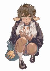 Rule 34 | 1girl, animal, animal ears, animal in clothes, aqua skirt, atie1225, bag, bag charm, black footwear, black jacket, breasts, brown hair, charm (object), commentary, dark-skinned female, dark skin, full body, grey shirt, guinea pig, hair between eyes, hands up, horns, jacket, large breasts, loafers, long sleeves, looking at viewer, miniskirt, original, pleated skirt, puckered lips, school bag, school uniform, shirt, shoes, short hair, shorts, shorts under skirt, simple background, skirt, snout, socks, squatting, stuffed chicken, symbol-only commentary, undershirt, white background, white shirt, white socks, yellow eyes