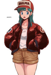 Rule 34 | 1girl, aosora2823, aqua hair, baseball cap, blue eyes, brown shorts, bulma, dragon ball, dragon ball (classic), hat, highres, jacket, looking to the side, open clothes, open jacket, open mouth, red jacket, shirt, shorts, simple background, solo, white background, white shirt