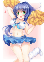 Rule 34 | 1girl, :d, arm up, bare shoulders, bikini, bikini top only, blue bow, blue hair, blue skirt, border, bouncing breasts, bow, breasts, cameltoe, cheerleader, cleavage, collarbone, eyebrows, frilled panties, frills, green eyes, heart, holding, jumping, knees together feet apart, leg warmers, looking at viewer, medium breasts, navel, nikoo, open mouth, original, panties, pink background, pom pom (cheerleading), shoes, simple background, skirt, smile, solo, stomach, swimsuit, tareme, thigh gap, thighs, underwear, upskirt, white bikini, white border, white footwear, white panties