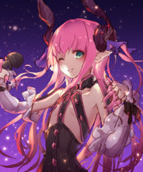 Rule 34 | 10s, 1girl, absurdres, black dress, blush, breasts, commentary request, curled horns, detached sleeves, dragon girl, dragon horns, dress, elizabeth bathory (fate), elizabeth bathory (fate/extra ccc), elizabeth bathory (first ascension) (fate), fate/extra, fate/extra ccc, fate (series), godoju, green eyes, hair between eyes, hair ribbon, highres, holding, holding microphone, horns, long sleeves, looking at viewer, microphone, one eye closed, parted lips, pink hair, purple ribbon, ribbon, sketch, small breasts, smile, solo, two side up, upper body