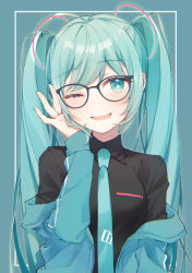 Rule 34 | 1girl, absurdres, adjusting eyewear, alternate costume, aqua background, aqua eyes, aqua hair, aqua jacket, aqua necktie, bespectacled, black-framed eyewear, black shirt, breasts, bright pupils, collared shirt, dithering, drawing kanon, dress shirt, glasses, hatsune miku, head tilt, highres, jacket, long hair, looking at viewer, medium breasts, necktie, one eye closed, open clothes, open jacket, open mouth, shirt, simple background, smile, solo, straight-on, swept bangs, twintails, upper body, very long hair, vocaloid, wing collar