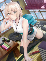 Rule 34 | 1girl, ^^^, ahoge, black thighhighs, blonde hair, blush, book, book stack, bow, cherry blossoms, collarbone, commentary request, cup, dango, eating, eyes visible through hair, falling petals, fate/grand order, fate (series), food, green tea, hair bow, highres, indoors, japanese clothes, kimono, kozuka yasushi, lens flare, looking at viewer, obi, okita souji (fate), okita souji (koha-ace), partial commentary, petals, sanshoku dango, sash, short hair, short kimono, sitting, skewer, sleeveless, sleeveless kimono, solo, surprised, sweatdrop, table, tatami, tea, teacup, thighhighs, wagashi, window, window shadow, wooden table, yellow eyes