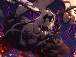Rule 34 | 1girl, absurdres, ahoge, armor, armored dress, banner, bare shoulders, black dress, breasts, chain, closed mouth, clothing cutout, commentary, dress, duplicate, dutch angle, fate/grand order, fate (series), flag, from above, fur trim, gauntlets, godoju, hair between eyes, headpiece, highres, holding, holding sword, holding weapon, jeanne d&#039;arc alter (avenger) (fate), jeanne d&#039;arc alter (avenger) (third ascension) (fate), jeanne d&#039;arc alter (fate), long hair, looking at viewer, navel, navel cutout, photoshop (medium), pixel-perfect duplicate, shadow, small breasts, solo, sparks, sword, weapon, white hair, yellow eyes