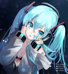 Rule 34 | 1girl, aqua eyes, aqua hair, artist name, bare shoulders, black background, black bra, blurry, bokeh, bra, breasts, cleavage, commentary, depth of field, facebook username, grey jacket, hair ornament, hatsune miku, headphones, highres, holding, holding hair, hood, hooded jacket, jacket, long hair, looking at viewer, pixiv id, q-chiang, shoulder tattoo, solo, tattoo, tongue, tongue out, twintails, twitter username, underwear, upper body, very long hair, vocaloid