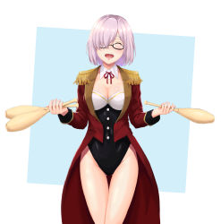 Rule 34 | 1girl, :d, ^ ^, black-framed eyewear, black leotard, blue background, blush, breasts, cleavage, closed eyes, coat, detached collar, epaulettes, facing viewer, fate/grand order, fate (series), glasses, gluteal fold, groin, hair over one eye, happy, highres, holding, juggling club, leotard, long coat, long sleeves, mash kyrielight, mash kyrielight (welcome to the travelling circus!), medium breasts, meri-san, official alternate costume, open mouth, pink hair, red coat, red ribbon, ribbon, semi-rimless eyewear, short hair, smile, solo, thigh gap, thighs, two-tone background, under-rim eyewear, welcome to the travelling circus!