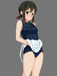 Rule 34 | 10s, 1girl, apron, bad id, bad pixiv id, black eyes, black hair, fubuki (kancolle), highres, kantai collection, long hair, low ponytail, one-piece swimsuit, sailor collar, school swimsuit, solo, soo, standing, swimsuit