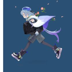 Rule 34 | 1boy, arknights, bag, beret, black bag, blue background, blue hair, border, cape, clothing cutout, detached sleeves, flower, from side, hat, highres, holding, holding bag, hood, hooded cape, infection monitor (arknights), light smile, male focus, mizuki (arknights), orange flower, pantyhose, pantyhose under shorts, petals, running, shoes, short hair with long locks, shorts, solo, trap, white border, white cape, yomotobi