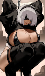 Rule 34 | 1girl, alternate breast size, bakkanki, bikini, black bikini, black blindfold, black footwear, blindfold, boots, breastless clothes, breasts, captured, chain, cleavage, high heel boots, high heels, highres, huge breasts, leotard, lips, mole, mole under mouth, nier (series), nier:automata, shiny skin, short hair, squatting, swimsuit, thigh boots, thighhighs, white hair, white leotard, 2b (nier:automata)
