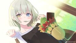 Rule 34 | 1girl, bang dream!, bang dream! it&#039;s mygo!!!!!, black shirt, blue eyes, blurry, blush, collarbone, commentary request, depth of field, dutch angle, green hair, guest art, heterochromia, holding, holding spoon, kaname raana, light particles, long sleeves, looking at viewer, off shoulder, official art, parfait, second-party source, shirt, short hair, sidelocks, sleeves past wrists, solo, spoon, tam-u, utensil in mouth, white shirt, yellow eyes