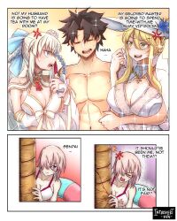 Rule 34 | 1boy, 3girls, armlock, artoria pendragon (all), artoria pendragon (fate), artoria pendragon (lancer) (fate), artoria pendragon (swimsuit ruler) (fate), artoria pendragon (swimsuit ruler) (second ascension) (fate), blonde hair, breasts, cleavage, fate/grand order, fate (series), fujimaru ritsuka (male), glasses, harem, hat, highres, introvert-kun, jealous, large breasts, mash kyrielight, morgan le fay (fate), morgan le fay (water princess) (fate), multiple girls, one-piece swimsuit, pink hair, ribbon, summer, swimsuit