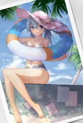 Rule 34 | 1girl, absurdres, barefoot, bikini, bikini top only, blue eyes, blue hair, breasts, flower, hat, hatsune miku, highres, lanzi (415460661), looking at viewer, matching hair/eyes, medium breasts, navel, photo (object), sitting, smile, solo, swimsuit, twintails, unbuttoned, vocaloid