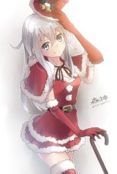 Rule 34 | 10s, 1girl, alternate costume, blue eyes, boots, cane, christmas, fur boots, gloves, hibiki (kancolle), kantai collection, knee boots, long hair, morigami (morigami no yashiro), red footwear, red gloves, santa boots, santa costume, silver hair, solo