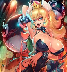 Rule 34 | 1girl, arm up, armpits, blonde hair, blue eyes, bowsette, breasts, cleavage, crown, gender request, genderswap, horns, large breasts, mario (series), new super mario bros. u deluxe, nintendo, open mouth, reiq, sharp teeth, solo, teeth, tongue, tongue out