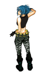 Rule 34 | 1girl, ass, back, belt, blue hair, earrings, female focus, gloves, jewelry, leona heidern, looking back, ponytail, snk, solo, standing, the king of fighters