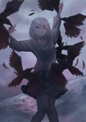 Rule 34 | 1girl, :&lt;, absurdres, arms up, attack, bird, black bird, blue eyes, bright pupils, cloud, cloudy sky, commentary, crow, falling feathers, feathers, feet out of frame, flock, flying sweatdrops, grey skirt, highres, kyano (kyanora3141), long sleeves, medium hair, one eye closed, original, outdoors, pigeon-toed, reflection, reflective water, shirt, skirt, sky, solo, sunset, symbol-only commentary, water, white pupils, white shirt