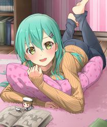 Rule 34 | 10s, 1girl, :d, alternate costume, barefoot, blush, casual, cat, denim, error musume, feet, feet up, green eyes, green hair, hair ornament, hairclip, hat, highres, kantai collection, long hair, looking at viewer, lying, manga (object), max melon, md5 mismatch, mini person, minigirl, hugging object, on stomach, open mouth, pants, pillow, pillow hug, ribbed sweater, sailor hat, sleeves past wrists, smile, solo, suzuya (kancolle), sweater, turtleneck