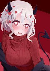 Rule 34 | 1girl, black horns, black jacket, black suit, blush, breasts, commentary, demon girl, demon horns, demon tail, fang, hair between eyes, heart, heart-shaped pupils, helltaker, highres, horns, jacket, large breasts, long sleeves, looking at viewer, medium hair, modeus (helltaker), off-shoulder jacket, off shoulder, red background, red eyes, red sweater, ribbed sweater, shiroishi joya, solo, suit, sweater, symbol-shaped pupils, tail, turtleneck, two-tone background, white hair