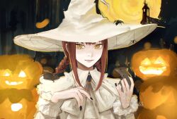 Rule 34 | 1girl, amulet, black nails, braid, braided ponytail, bug, chainsaw man, collar, dark, frilled collar, frilled sleeves, frills, full moon, hat, highres, jack-o&#039;-lantern, kamo (kamonegioisi), looking at viewer, makima (chainsaw man), medium hair, moon, mouse (animal), mouse on hand, mouse on shoulder, red hair, ringed eyes, sidelocks, solo, spider, witch hat, yellow eyes