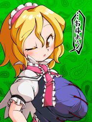 Rule 34 | 1girl, alice margatroid, blonde hair, breasts, capelet, frilled sleeves, frills, from side, green background, hair between eyes, hairband, imijikumo36, japanese text, large breasts, lips, lolita hairband, looking at viewer, one eye closed, short hair, solo, touhou, translation request, yellow eyes