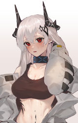 Rule 34 | 1girl, absurdres, arknights, bare shoulders, blush, breasts, brown sports bra, cleavage, collar, collarbone, earrings, grey hair, hair ornament, hand in own hair, hati105, highres, horns, infection monitor (arknights), jewelry, large breasts, long hair, long sleeves, material growth, mudrock (arknights), mudrock (elite ii) (arknights), navel, open clothes, open mouth, oripathy lesion (arknights), red eyes, simple background, solo, sports bra, stomach, sweat, white background