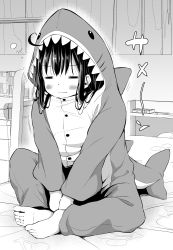 Rule 34 | 1girl, = =, absurdres, ahoge, airandou, animal costume, barefoot, bed sheet, blush, closed mouth, commentary, closed eyes, full body, greyscale, highres, indian style, indoors, long sleeves, monochrome, on bed, original, shark costume, sitting, sleepy, soles, solo, translated, wavy mouth