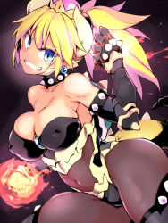 Rule 34 | 1girl, alternate costume, bare shoulders, blonde hair, blue eyes, blue gemstone, bowsette, bracelet, breasts, brooch, cleavage, clenched teeth, collar, collarbone, commentary request, covered erect nipples, covered navel, determined, earrings, fire, fireball, gem, hair between eyes, hair bobbles, hair ornament, hand up, horns, jewelry, large breasts, long hair, looking at viewer, mario (series), navel, new super mario bros. u deluxe, nintendo, pantyhose, pointy ears, ponytail, powering up, see-through, sharp teeth, shiny skin, short hair, sidelocks, solo, spiked bracelet, spiked collar, spiked knuckles, spiked shell, spiked tail, spikes, super crown, tagme, tail, teeth, thick thighs, thighs, tomoshibi hidekazu, toned