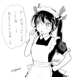 Rule 34 | 1girl, alternate costume, apron, black shirt, black skirt, blush, enmaided, greyscale, hand on own hip, himekaidou hatate, looking away, maid, maid apron, maid headdress, monochrome, open mouth, pointy ears, scratching cheek, shirt, short sleeves, skirt, sweatdrop, taurine 8000mg, touhou, translation request, twintails, twitter username, white background