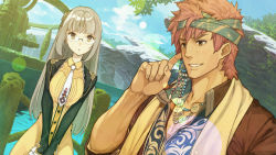 Rule 34 | 1boy, 1girl, atelier (series), atelier shallie, black jacket, blush, brown coat, brown eyes, brown hair, coat, dress, dutch angle, glasses, head scarf, hidari (left side), jacket, jewelry, linca (atelier), long hair, messy hair, necklace, necktie, official art, outdoors, raoul pireit, red hair, scarf, tan, upper body, v arms, water, white neckwear, yellow dress