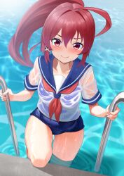 Rule 34 | 1girl, ahoge, blue one-piece swimsuit, blue sailor collar, blush, breasts, dorachan r, hair ribbon, highres, i-168 (kancolle), kantai collection, long hair, looking at viewer, one-piece swimsuit, ponytail, pool, pool ladder, poolside, red eyes, red hair, ribbon, sailor collar, school swimsuit, school uniform, see-through, serafuku, small breasts, swimsuit, swimsuit under clothes, water, wet, wet clothes