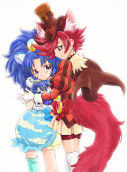 Rule 34 | 10s, 2girls, animal ears, bike shorts, blue eyes, blue gloves, blue hair, blue neckwear, blue shirt, blue skirt, blue thighhighs, brown cape, brown hat, brown neckwear, cape, choker, cowboy shot, crown, cure chocolat, cure gelato, dog ears, dog tail, earrings, extra ears, gloves, hat, highres, jewelry, kenjou akira, kirakira precure a la mode, layered skirt, lion ears, long hair, looking at another, magical girl, mini crown, multiple girls, nib pen (medium), parted bangs, precure, puffy sleeves, red eyes, red hair, red shorts, shirt, short hair, shorts, shorts under skirt, simple background, single thighhigh, skirt, smile, swept bangs, tail, tategami aoi, thighhighs, top hat, traditional media, unno hotaru, white background, white gloves, white skirt