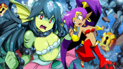 Rule 34 | &gt;:o, 2girls, :o, bare shoulders, bdsm, blue eyes, blue hair, blush stickers, bondage, bound, breasts, bubble, bun cover, chain, chained, chained wrists, choker, cleavage, clenched hand, colored skin, crack, dark-skinned female, dark skin, double bun, draw-till-death, earrings, electricity, fang, fins, forehead jewel, from above, frown, gem, giant, giantess, giga mermaid, gills, green skin, hair bun, hair ornament, harem pants, head fins, highres, hoop earrings, jewelry, keyhole, large breasts, long hair, looking at viewer, looking back, medium breasts, mermaid, monster girl, multicolored skin, multiple girls, navel, o-ring, o-ring top, open mouth, pants, pointy ears, ponytail, purple hair, red eyes, restrained, shantae, shantae: half-genie hero, shantae (series), shell, shell bikini, shiny skin, spikes, stomach, two-tone skin, underwater, v-shaped eyebrows, vambraces, very long hair, water