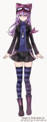 Rule 34 | 1girl, artist request, black dress, black jacket, black skirt, boots, breasts, digimon, digimon story: cyber sleuth, dress, female focus, full body, hair between eyes, hat, jacket, jewelry, long hair, long sleeves, looking at viewer, miniskirt, necklace, official art, open clothes, purple eyes, purple footwear, purple hair, sayo (digimon), skirt, standing, striped clothes, striped thighhighs, suspenders, thighhighs, walking, yasuda suzuhito, zettai ryouiki